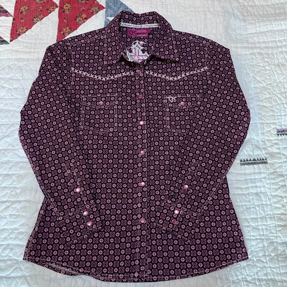 Cowgirl Hardware Western Button Down Shirt Pink Black Cross Pearl Snap Medium